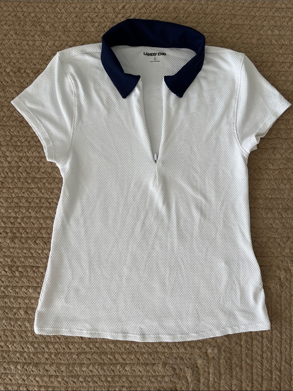 Lands' End White Short-Sleeve Polo with Navy Collar, Size Small, Like New